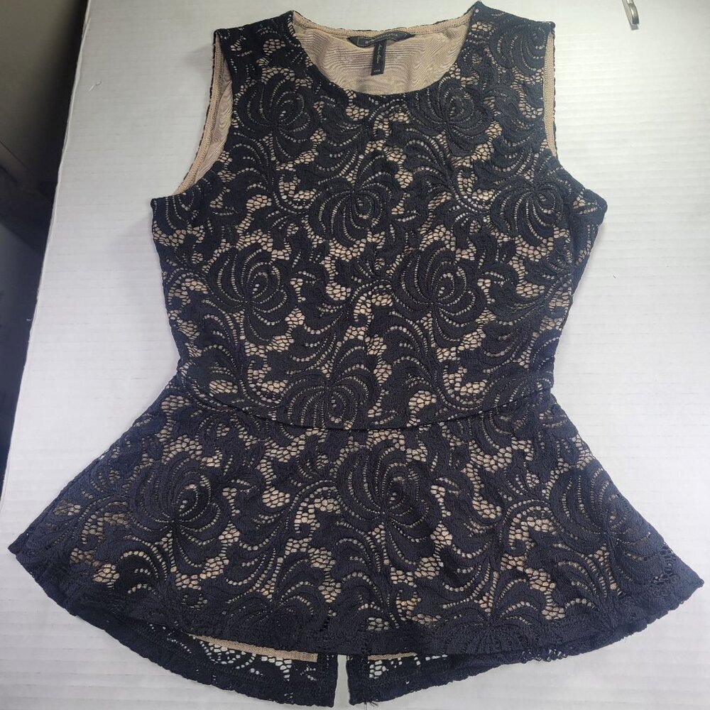 BCBGMAXAZRIA Black Lace Beige Lining Workwear Sleeveless Peplum Top Size  XXS